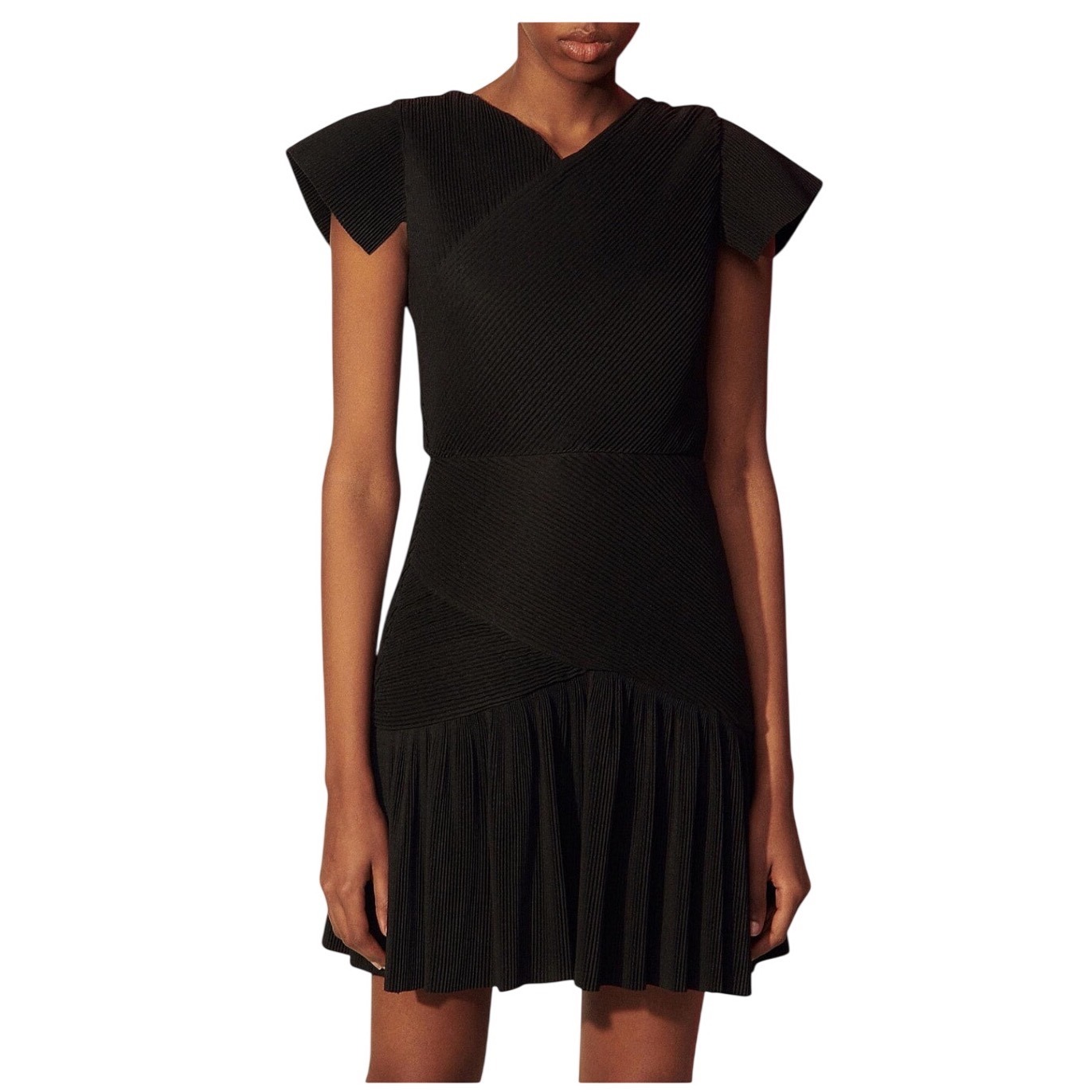 Sandro Black Ribbed V Neck Cap Sleeve Mini Dress Keyhole Back Size Xs